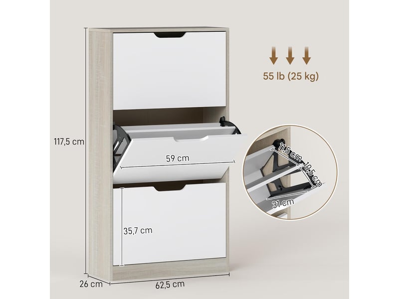  Meuble à chaussures 3 tiroirs rabattables 12 paires chêne et blanc 62,5 x 26 x 117,5 cm  - Conforama C