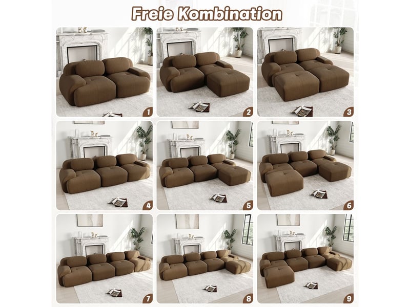  Canapé modulable tissu côtelé doux structure sans cadre rembourrage haute élasticité 32d ergonomique adapté aux animaux domestiques emballage sous vide sans montage marron  - Conforama E