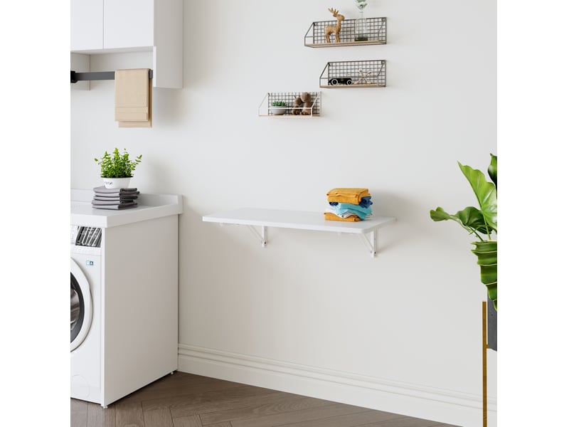 Bureau pliant multifonctionnel mural avec plateau rabattable et support métallique pour cuisine et buanderie, blanc - Conforama C