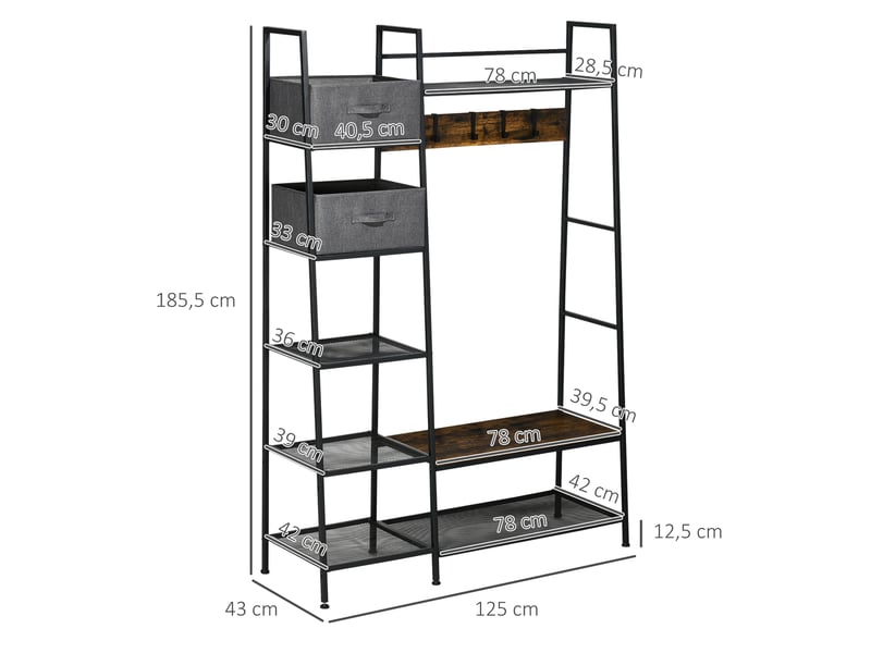 Portemanteau meuble de rangement entrée, 6 étagères 4 crochets 2 tiroirs en tissu, en acier et bois, 125 x 43 x 185,5 cm - Conforama C
