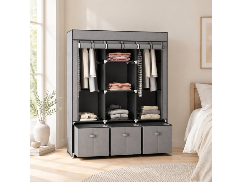  Armoire en tissu pliable avec 2 penderies, 5 étagères, 3 tiroirs et housse zippée, gris foncé, 125 × 43 × 162,5 cm  - Conforama C