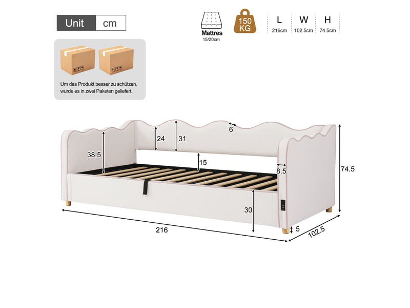  Lit banquette beige lit coffre 90x200 tissu bouclette - rangement hydraulique et prise usb  - Conforama C