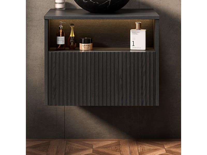  Meuble sous vasque mural avec 1 tiroir, façade en bois massif, sans vasque, pour salle de bain, en noir, 69×55×54 cm  - Conforama D