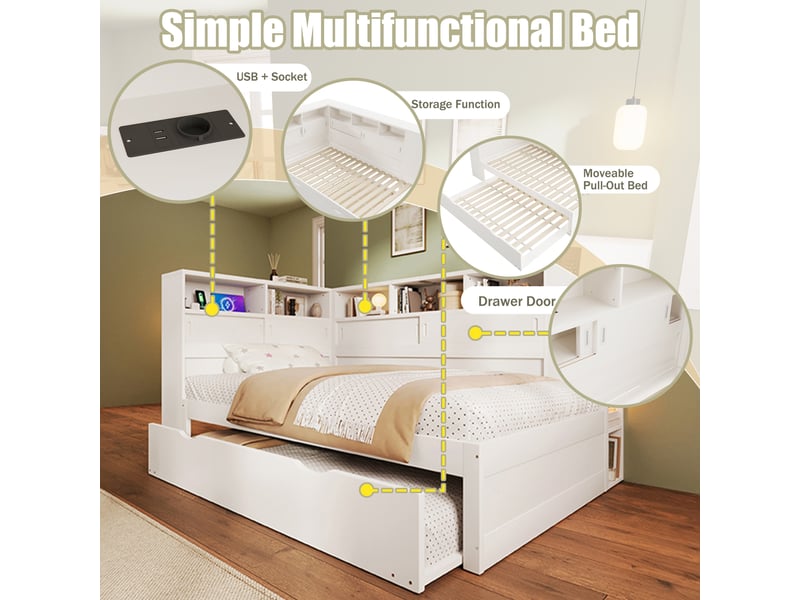  Lit gigogne 90x200 avec rangement et port usb, lit enfant blanc en bois massif  - Conforama D