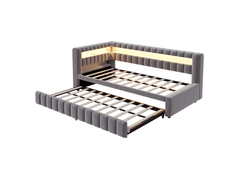  Lit capitonné, lit enfant 90x200 cm, canapé-lit extensible, led, usb, velours gris, réf. 422aae  - Conforama B
