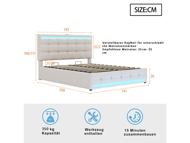  Lit capitonné 140x200 cm en lin beige avec led, usb, coffre et tête réglable, et sommier  - Conforama B