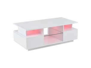 Table basse led blanche 100x50x36 cm - 2 tiroirs, fini brillant, rangement ouvert et cloison en verre - salon