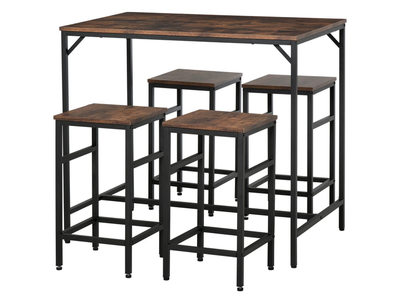  Ensemble table bar 5 pièces, tabourets, table à manger 4 chaises, cuisine, marron rustique et noir.  - Conforama B