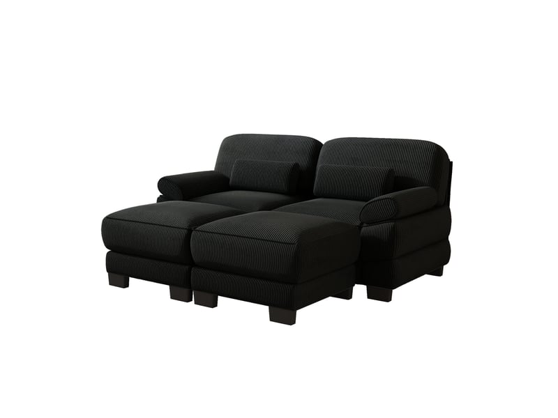 Canapé droit 2 places avec 2 poufs en velours côtelé noir - Conforama D