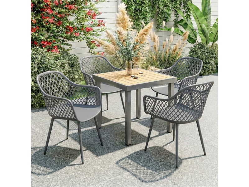  Lot de 4 chaises de jardin gris foncé en plastique avec pieds en métal, résistantes aux uv, avec accoudoirs  - Conforama B
