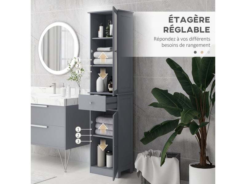  Meuble colonne de salle de bain placard porte acrylique 2 étagères porte placard 1 étagère tiroir mdf gris  - Conforama R
