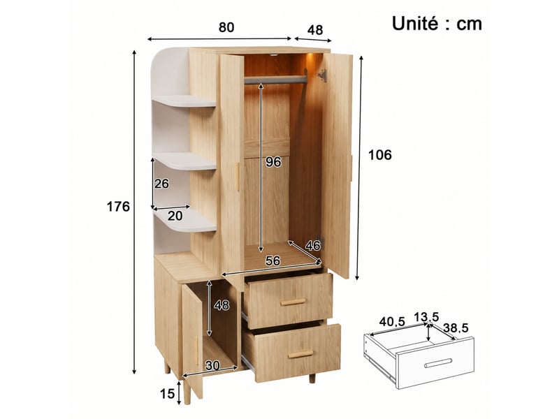 Armoire penderie blanche et effet chêne, led à détecteur, 2 tiroirs, 80 x 48 x 176 cm - Conforama C