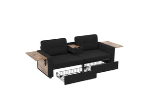 Canapé droit 2 places avec 2 tiroir et assise réglable, table pc et porte-gobelets, canapé de salon moderne en tissu, chenille noir