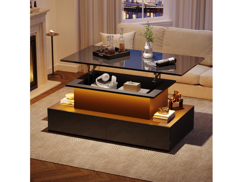  Table basse noire brillante avec éclairage led et 4 tiroirs  - Conforama B