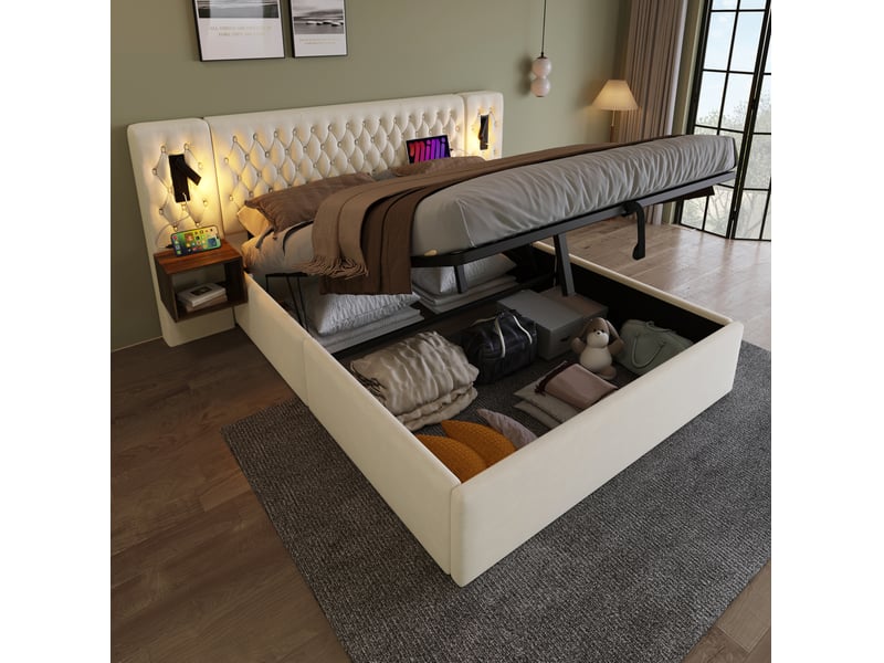  Lit coffre 160x200 avec 2 tables de nuit, lampes de lecture et usb beige cravdom  - Conforama C