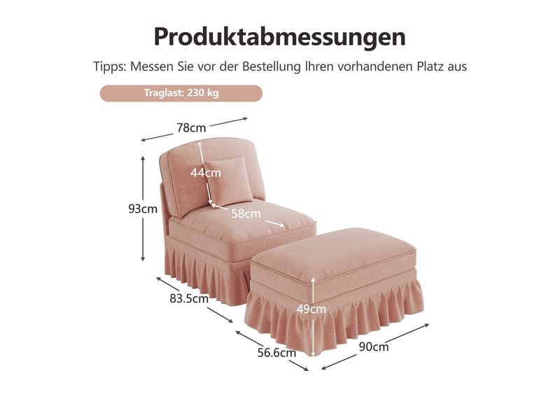  Fauteuil avec pouf et jupe amovible  - dossier segmenté, coussin mobile, chenille rose  - Conforama D