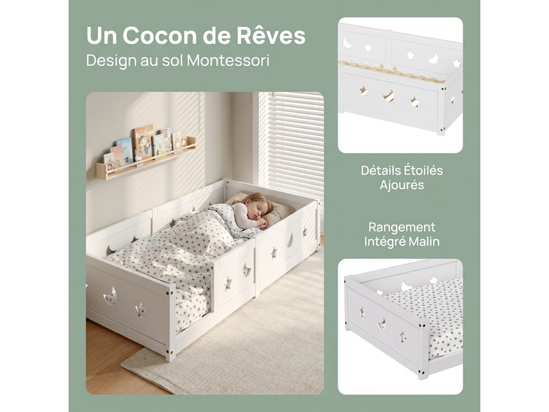  Lit au sol 90x200 cm,lit enfant avec barrières de sécurité, lit simple, motif étoiles et lune,sommier à lattes,mdf, blanc  - Conforama E