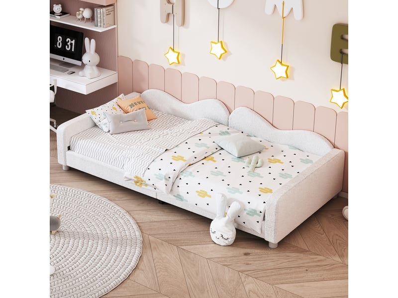  Lit enfant 90 × 200 cm 1 place avec dossier et accoudoirs, sans matelas, en tissu peluche, blanc  - Conforama E