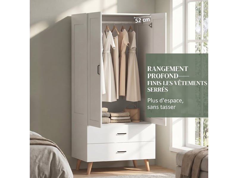  Armoire chambre penderie 2 portes à fermeture douce, 2 tiroirs et barre de suspension, 80x54x180cm, blanc  - Conforama D
