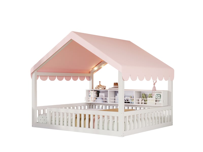  Lit cabane enfant 140 × 200 cm avec led, bibliothèque et barrière de sécurité, sans matelas, blanc  - Conforama A