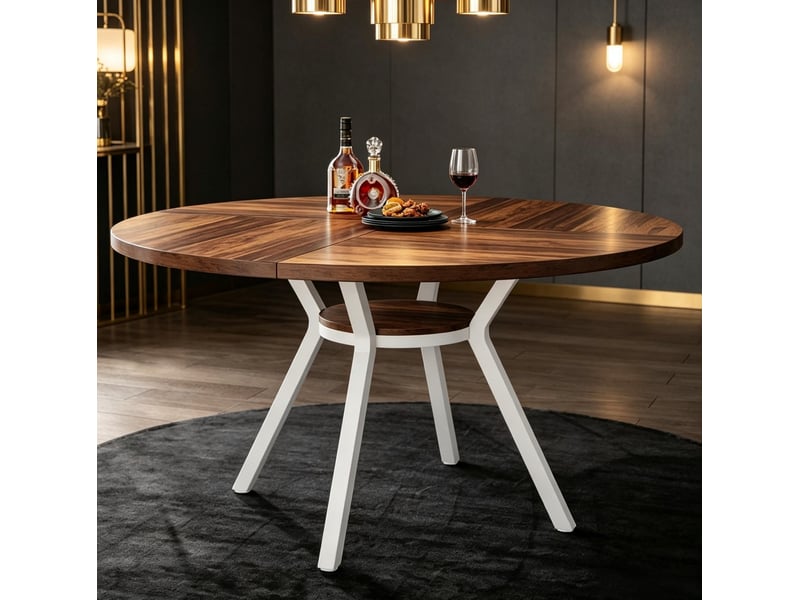  Table à manger ronde 120 cm pour 4 à 6 personnes avec tablette, marron et blanc  - Conforama B