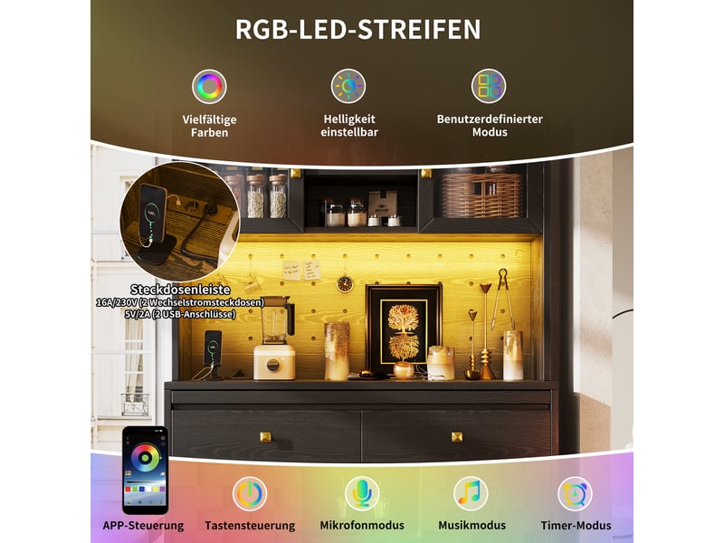  Buffet de cuisine 120x40x178 cm - 4 portes et 2 tiroirs, led rgb, 2 prises, 2 ports usb, rangement à vin - noir  - Conforama R