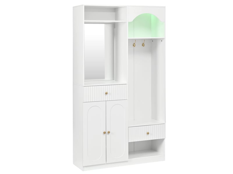  Meubles d'entrée avec miroir, banc, 2 portes, tiroirs, crochets et led pour entrée en mdf blanc 100×35×180 cm  - Conforama E