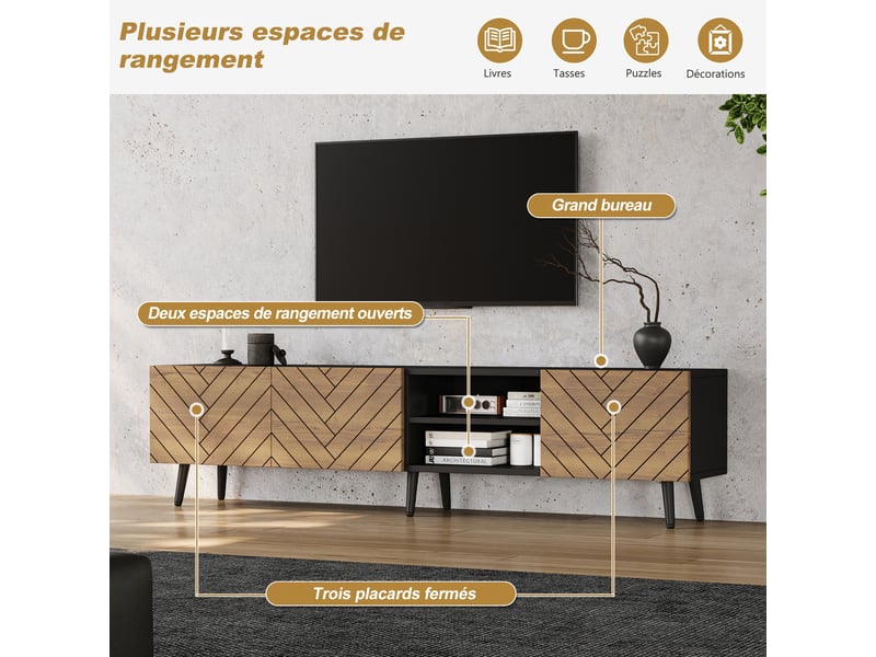  Meuble tv bas 180x33,5x45 cm avec 3 portes silencieuses et passe-câbles, tv lowboard moderne pour salon, naturel evarich - Conforama E