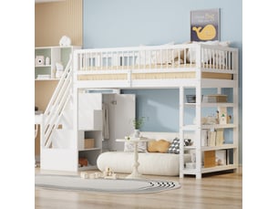 Lit mezzanine ulevr 90 x 200 cm avec rangement, armoire, étagères, échelle de sécurité, bois, blanc