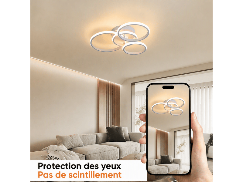  Plafonnier led moderne 4 anneaux, 48×44×10 cm, lampe de plafond 36 w 4181 lm, 3 couleurs, mémoire, blanc sablé, salon chambre cuisine  - Conforama D