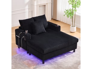 Canapé noir en velours côtelé avec led multicolore, port usb et porte-gobelets, 142x128x85 cm
