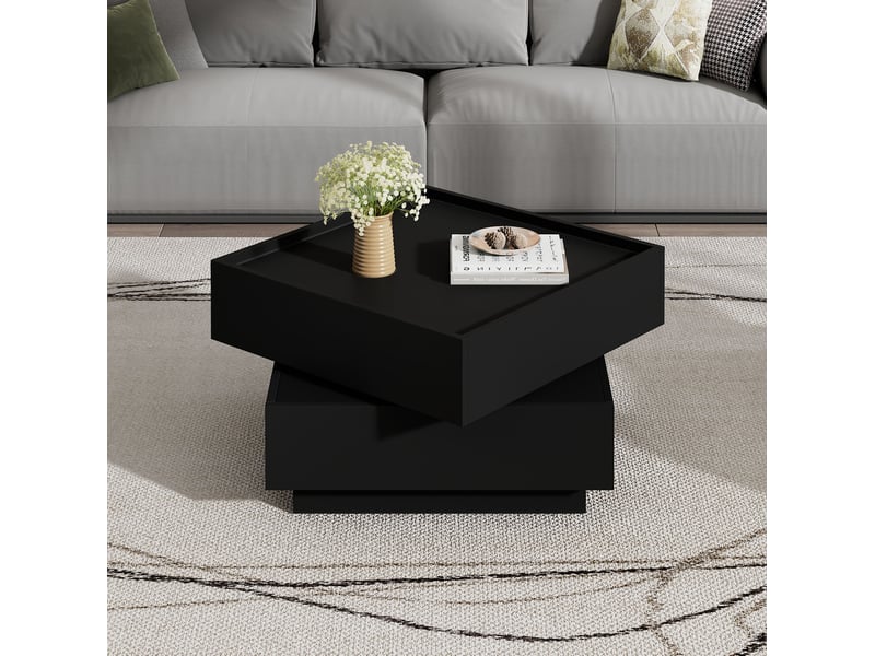 Table basse pivotante à 360 degrés avec 2 tiroirs et rebords hauts pour salon, en aggloméré noir, 60 × 60 × 38 cm - Conforama B