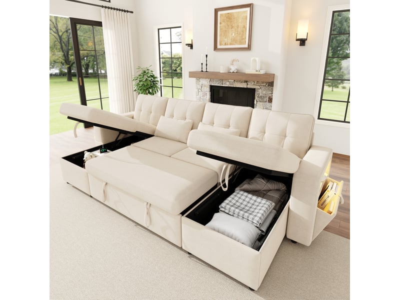  Canapé panoramique en u 4 places convertible avec rangements, usb, type c et led en chenille beige  - Conforama E