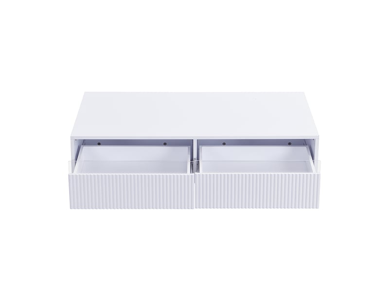 Ensemble meuble tv à 4 portes et table basse à 2 tiroirs avec éclairage led, en mdf blanc et détails dorés - Conforama E
