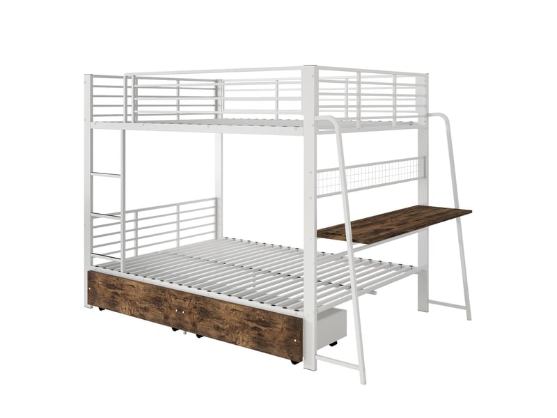  Lit superposé 140 x 200 cm cadre métallique blanc bureau intégré 2 tiroirs éclairage led synchronisé à la musique prise électrique barrières de sécurité et échelle charge maximale 250 kg  - Conforama A