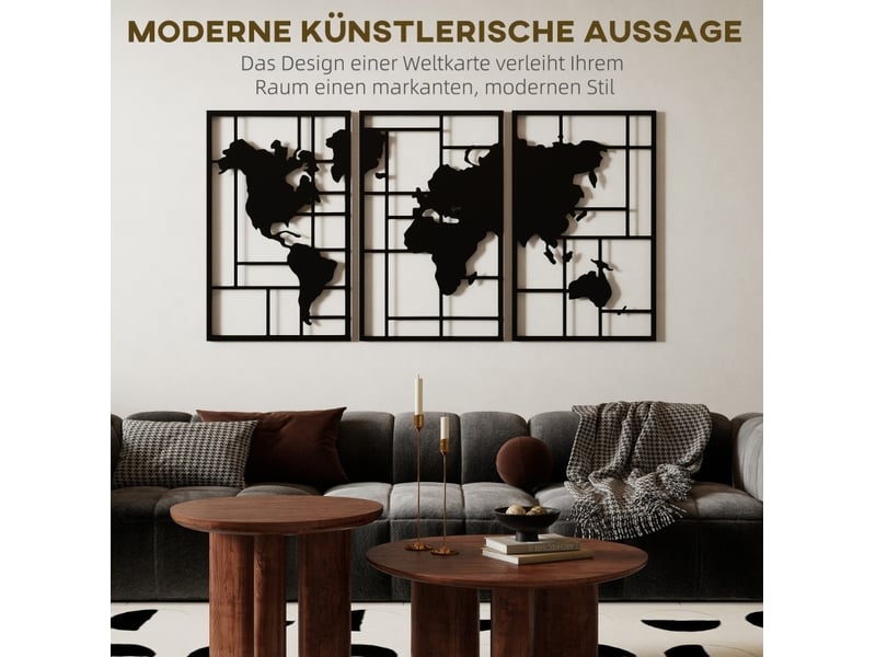  Décoration murale 3 pièces 150x80 cm carte du monde métal noir  - Conforama D