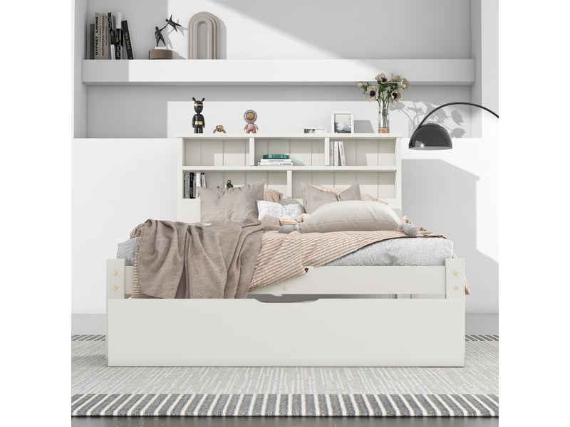 Lit avec rangement 90x200 cm - lit simple avec tête de lit et rangement - mdf - sans matelas - blanc - Conforama D