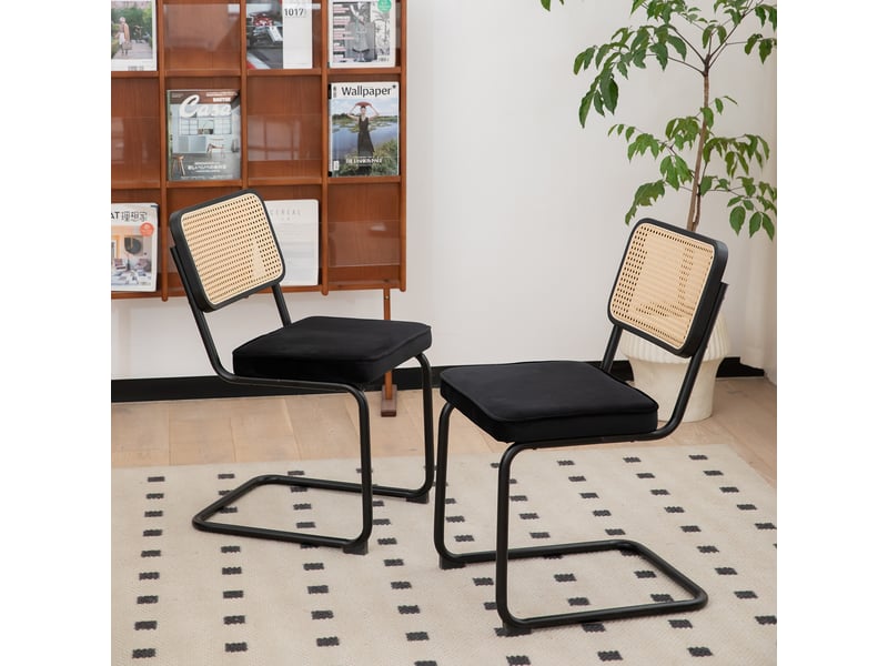  Chaises de salle à manger lot de 4 en velours et rotin, pieds chromés, style moderne mid-century, 53x46.4x84.6 cm  - Conforama D
