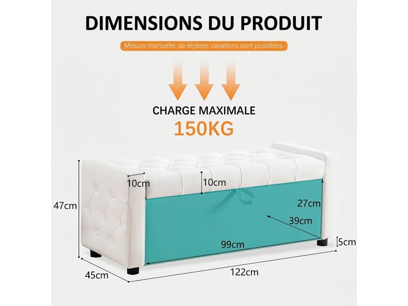  Banc de rangement blanc 122 cm en cuir pu capitonné, coffre pour chambre et salon, 122x45x47 cm  - Conforama C