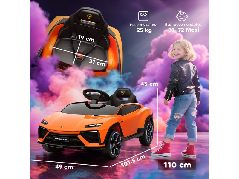  Voiture électrique lamborghini sous licence pour enfants, avec klaxon et télécommande, 101,5 x 49 x 43 cm, orange  - Conforama E