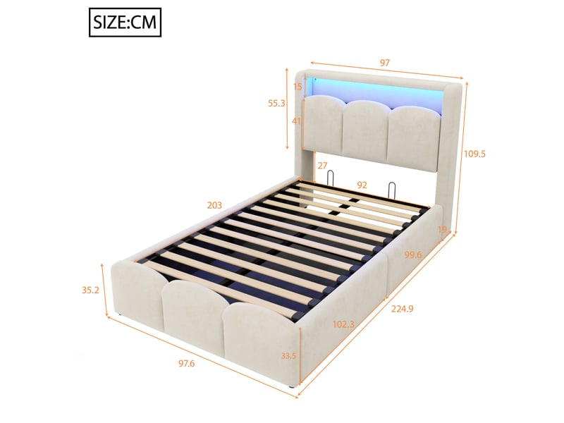 Lit coffre enfant, 90x200 cm, tête de lit avec rangement, led, usb, type c, matelas non inclus, velours, coloris beige  - Conforama C