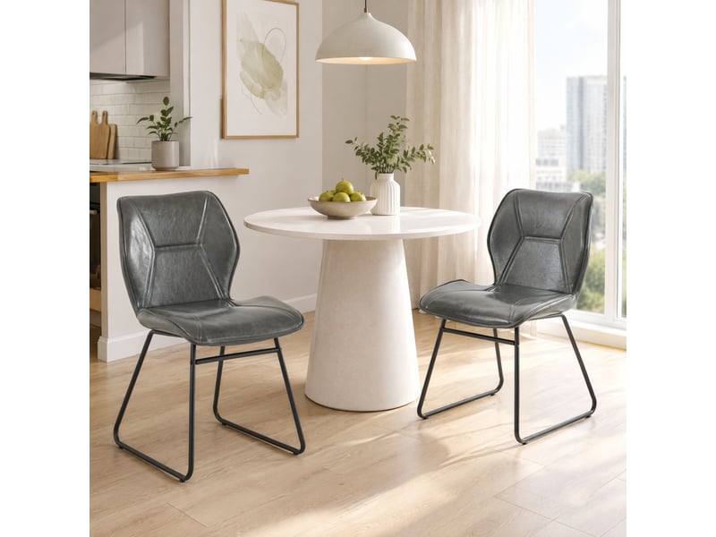  Lot de 2 chaises rembourrées en cuir gris et métal noir  - Conforama C