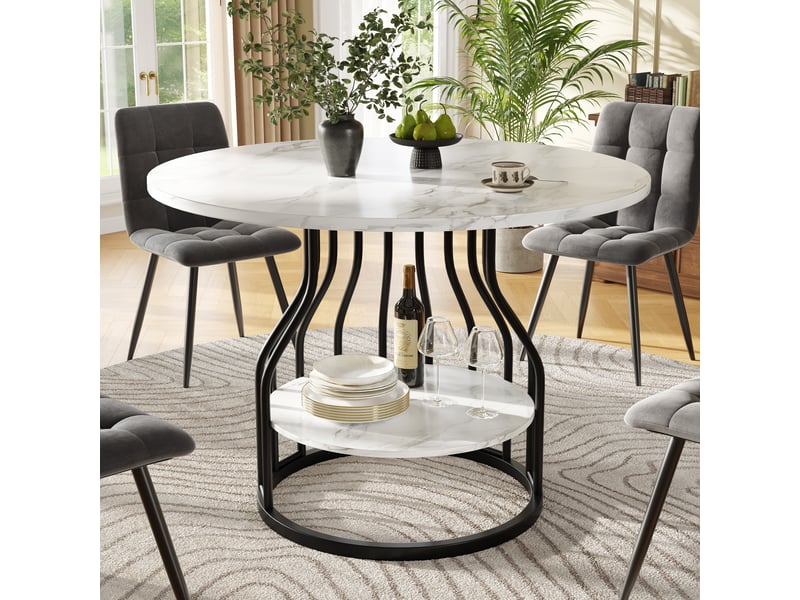  Table à manger ronde, plateau mdf finition marbre, capacité 4 personnes, pour cuisine et salon, 80 x 80 x 76 cm – noir et blanc  - Conforama C