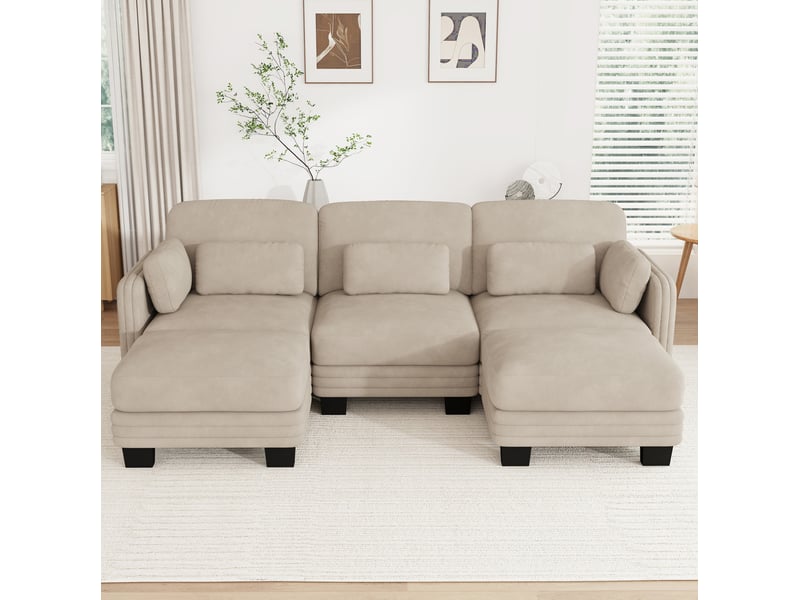  Canapé d'angle modulable en u 3 places avec 2 ottomans 253x143x88 cm en chenille café clair  - Conforama B