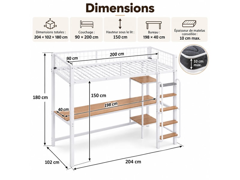  Lit mezzanine enfant 90 x 200 cm en métal avec bureau, étagères, échelle 5 marches et garde-corps, blanc et naturel  - Conforama C