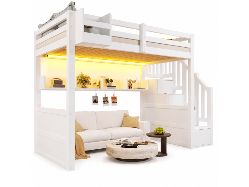  Lit mezzanine enfant 90x200 cm en bois avec escalier de rangement, armoire intégrée, 4 compartiments sous lit et éclairage led, blanc  - Conforama A