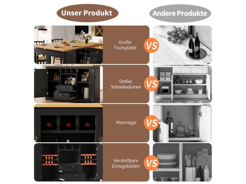  Table de bar extensible avec rangement et casier à vin, en mdf noir et naturel, longueur de 120 à 180 cm  - Conforama E