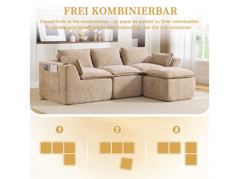  Canapé modulable 3 places en tissu chenille kaki, avec pouf, 2 poches latérales, porte-gobelets, 256×161×75 cm  - Conforama E