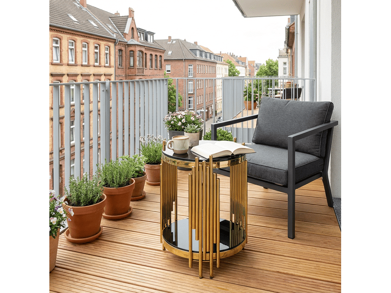  Bout de canapé rond 45x55 cm double plateau verre trempé, acier inoxydable, design luxe noir et doré  - Conforama D