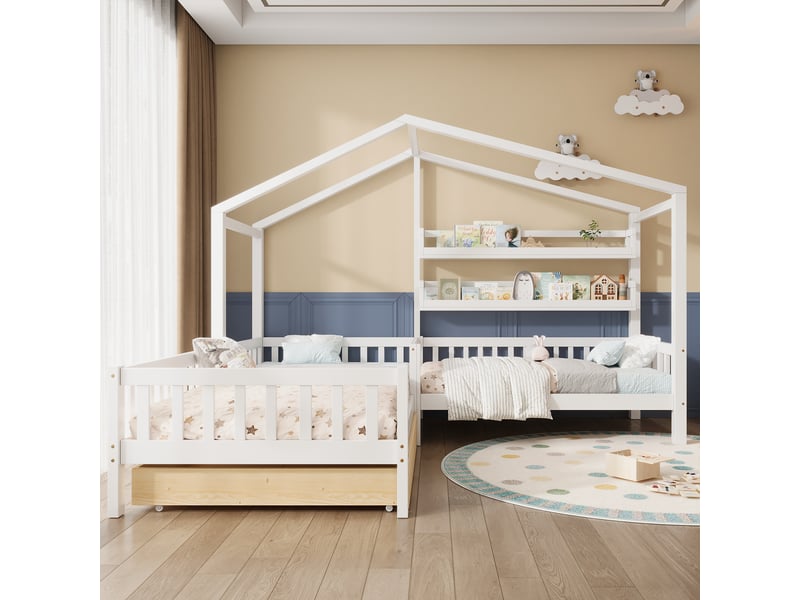  Lit cabane enfant 90x200 cm+140x70 cm avec tiroirs et étagères, bois massif avec barrière et sommier a lattes, structure en l, blanc  - Conforama R